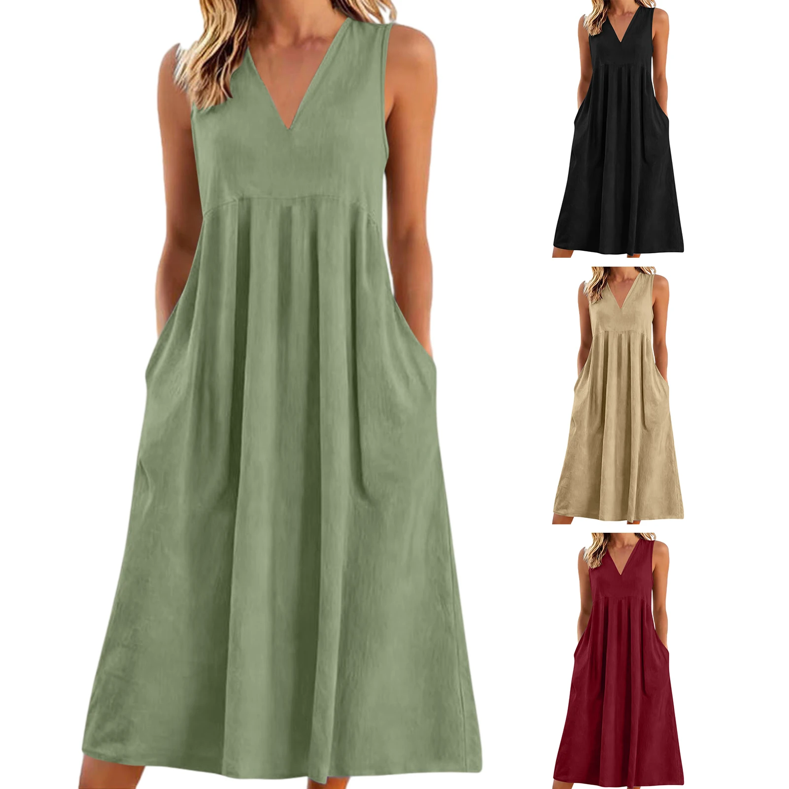 Women's Sleeveless Linen V-Neck Maxi Dress
