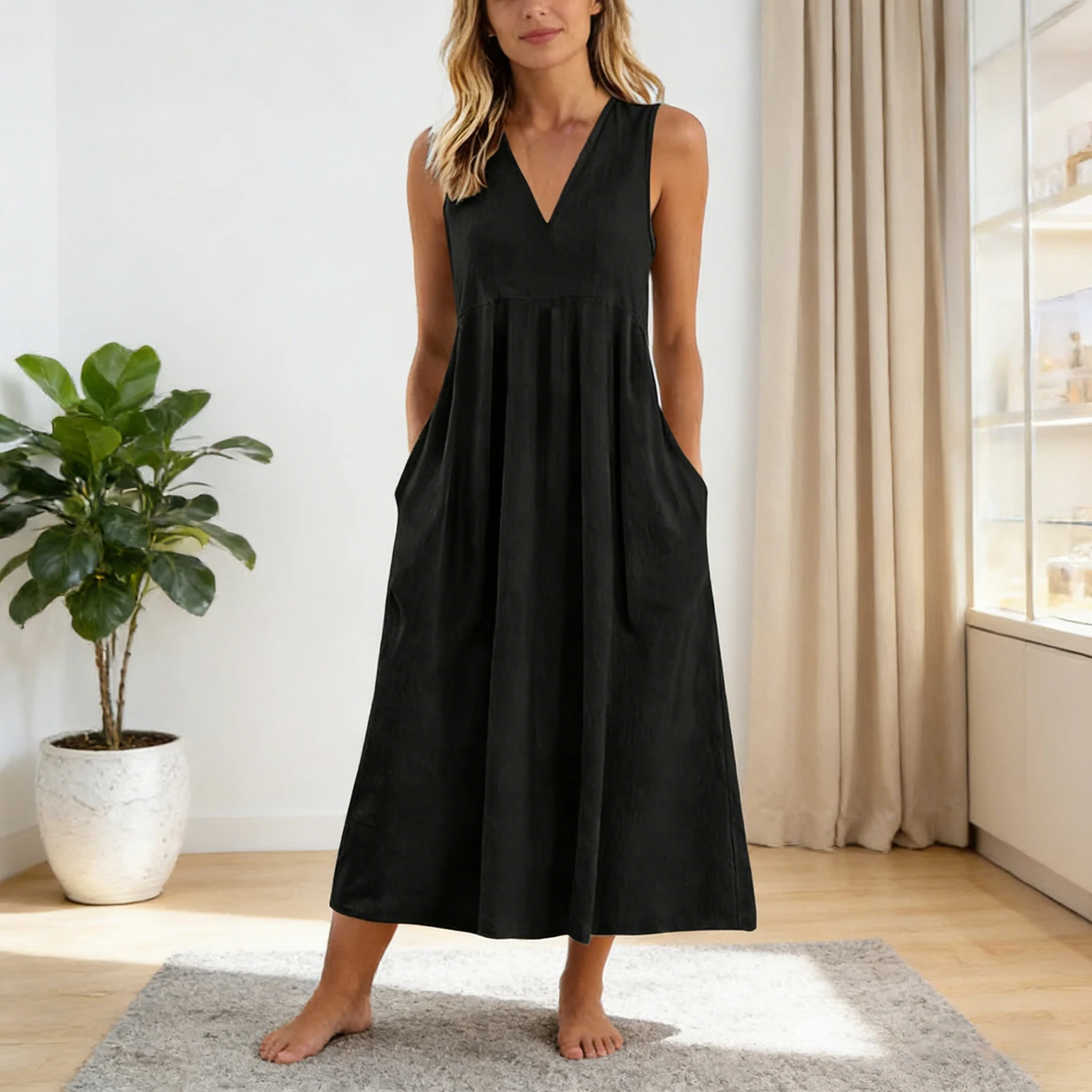 Women's Sleeveless Linen V-Neck Maxi Dress
