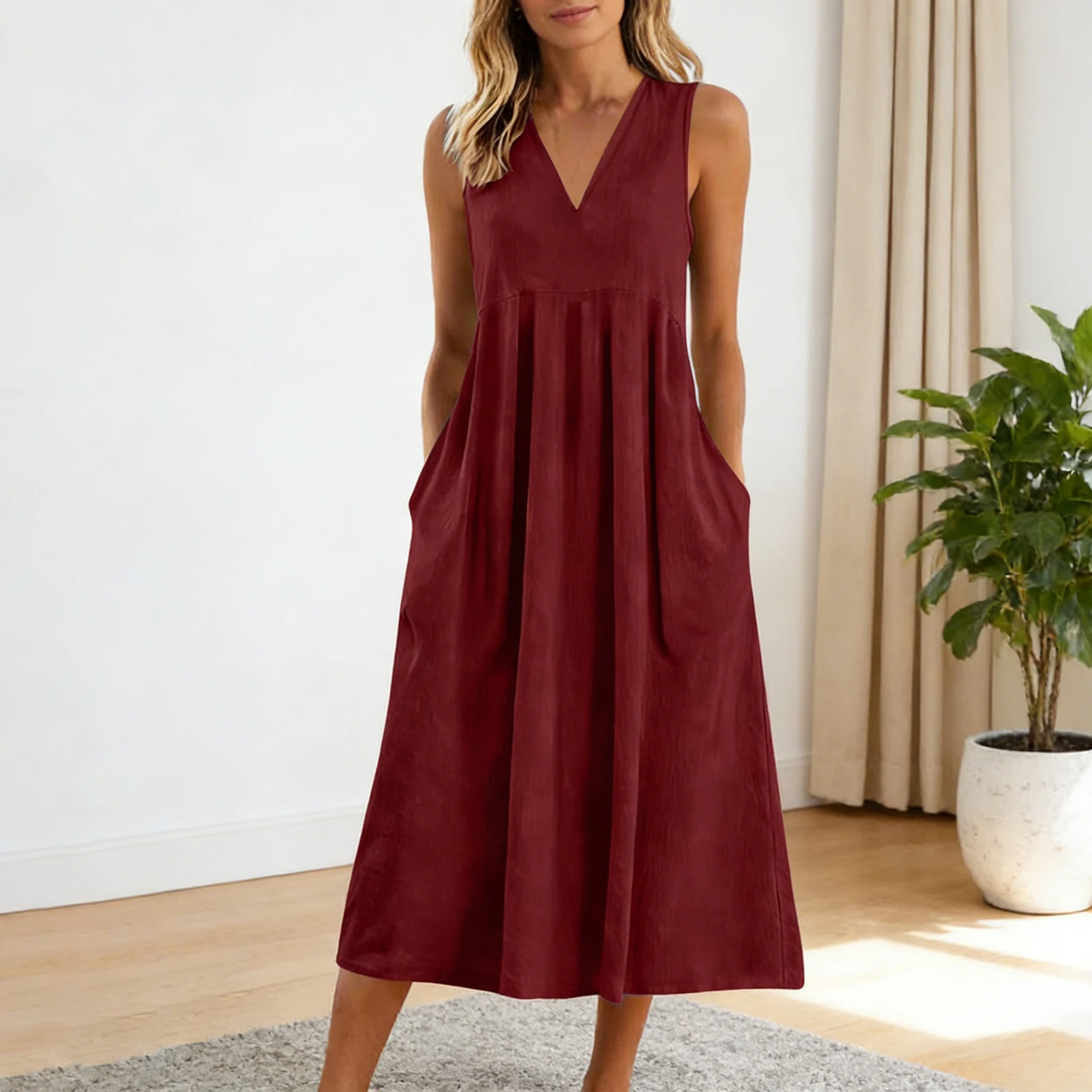 Women's Sleeveless Linen V-Neck Maxi Dress