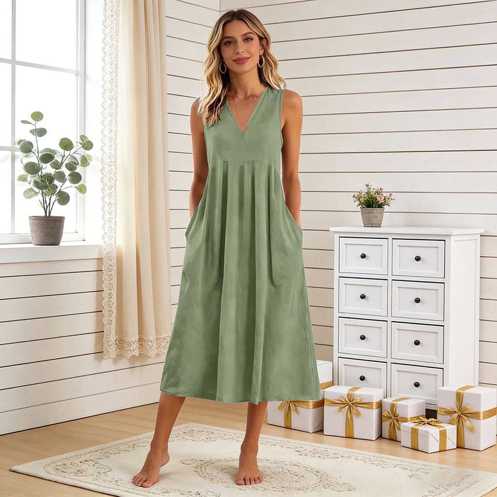 Ärmelloses Leinen-Maxikleid mit V-Ausschnitt für Damen
