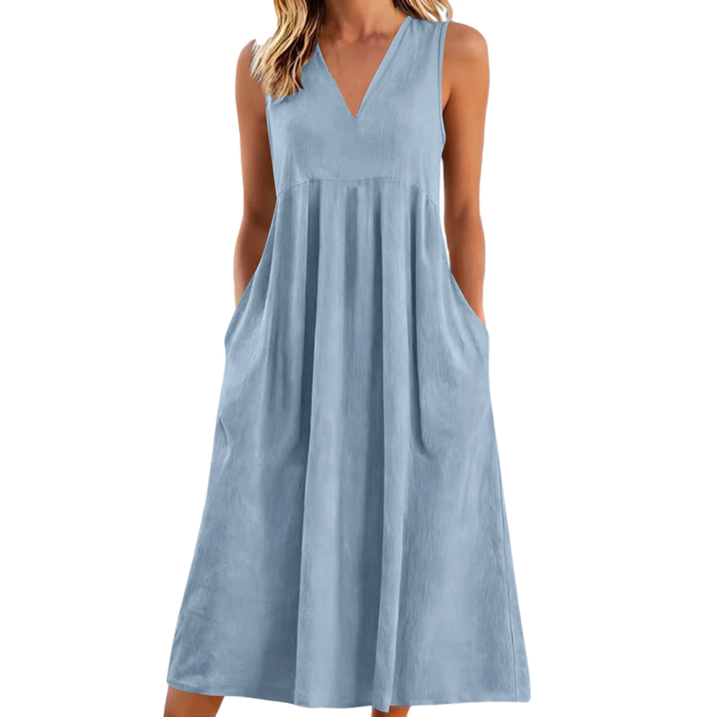 Ärmelloses Leinen-Maxikleid mit V-Ausschnitt für Damen